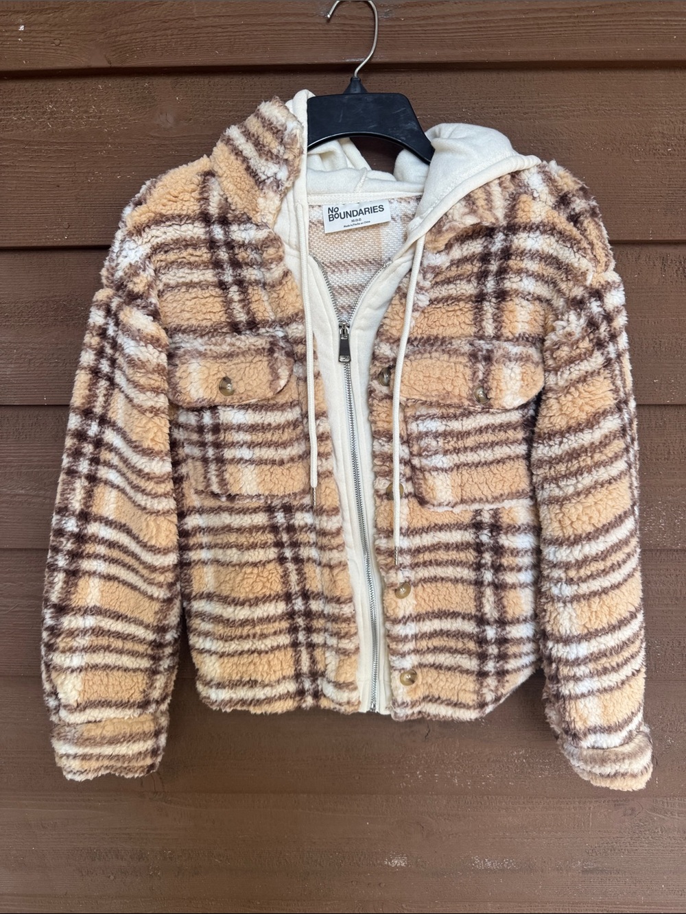 No Boundaries Beige & Brown Plaid Sherpa Hooded Jacket size XS (0-2)